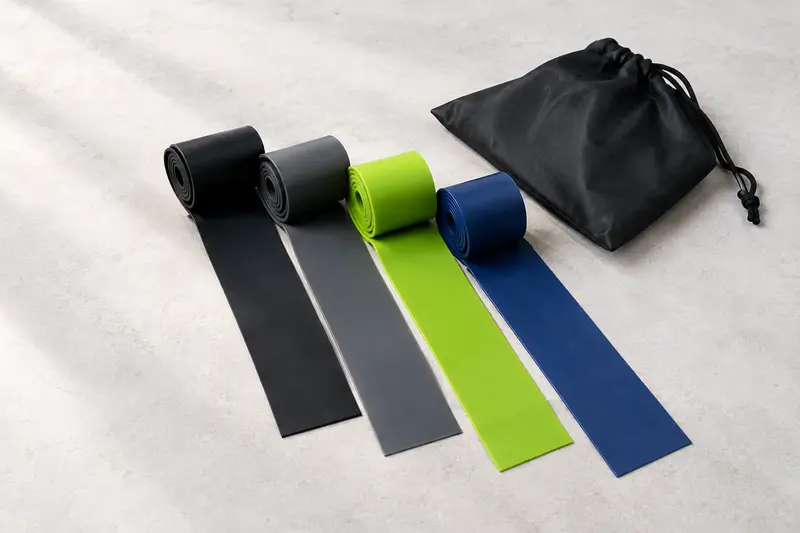 Kit de quatre bandes plates de résistance aux couleurs sobres, roulées en éventail avec leur extrémité libre déroulée, près d’un sac.