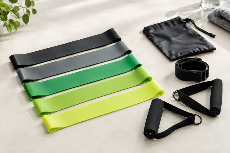 Kit de mini-bandes de résistance rangées par tension sur une surface claire