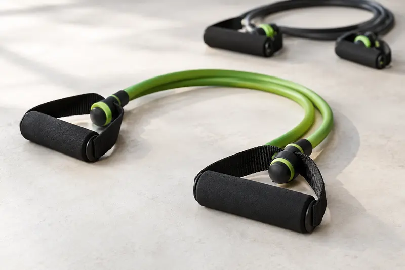 Tube de résistance avec poignées intégrées et raccords visibles sur fond clair