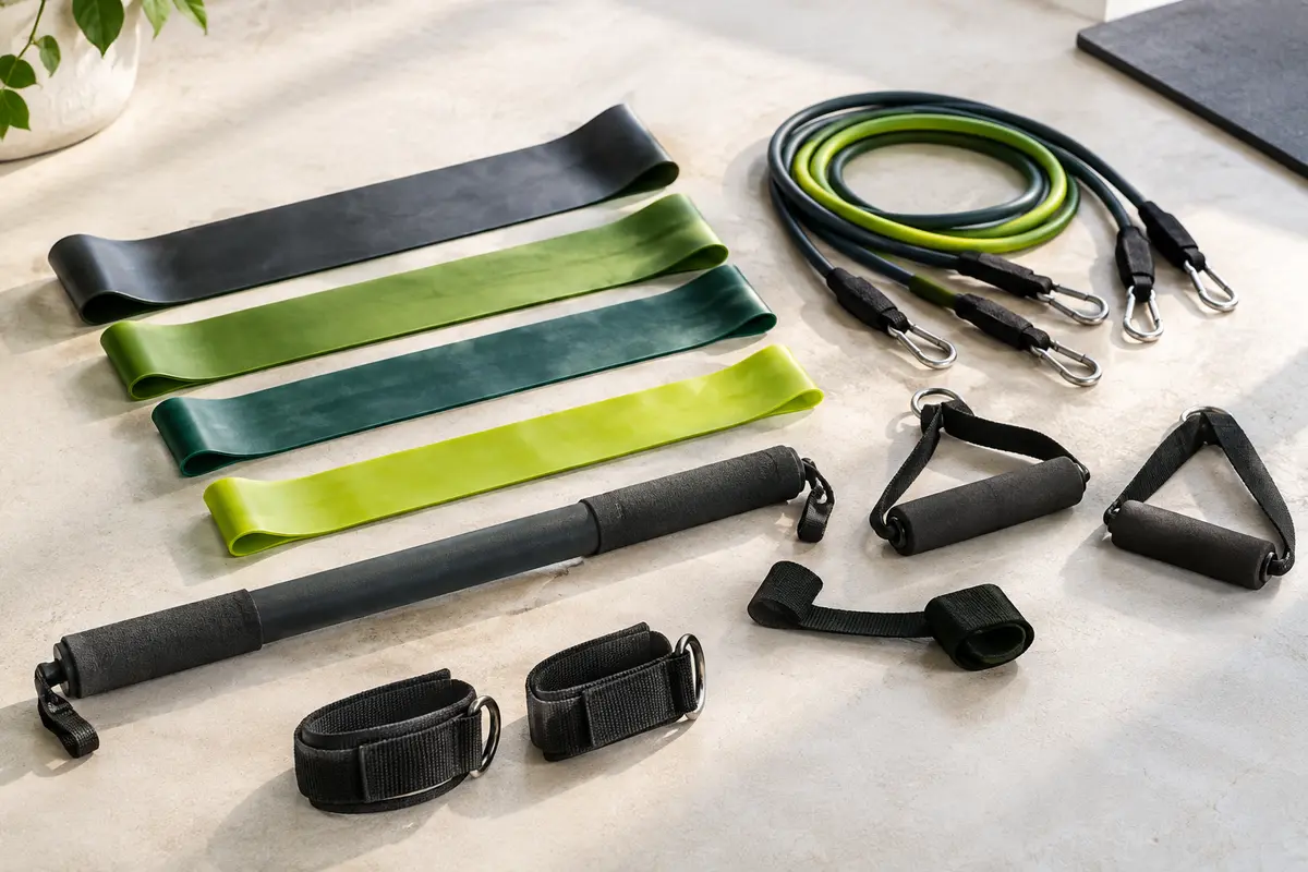 Bandes de résistance et accessoires disposés séparément pour vérifier leur état et leur compatibilité.