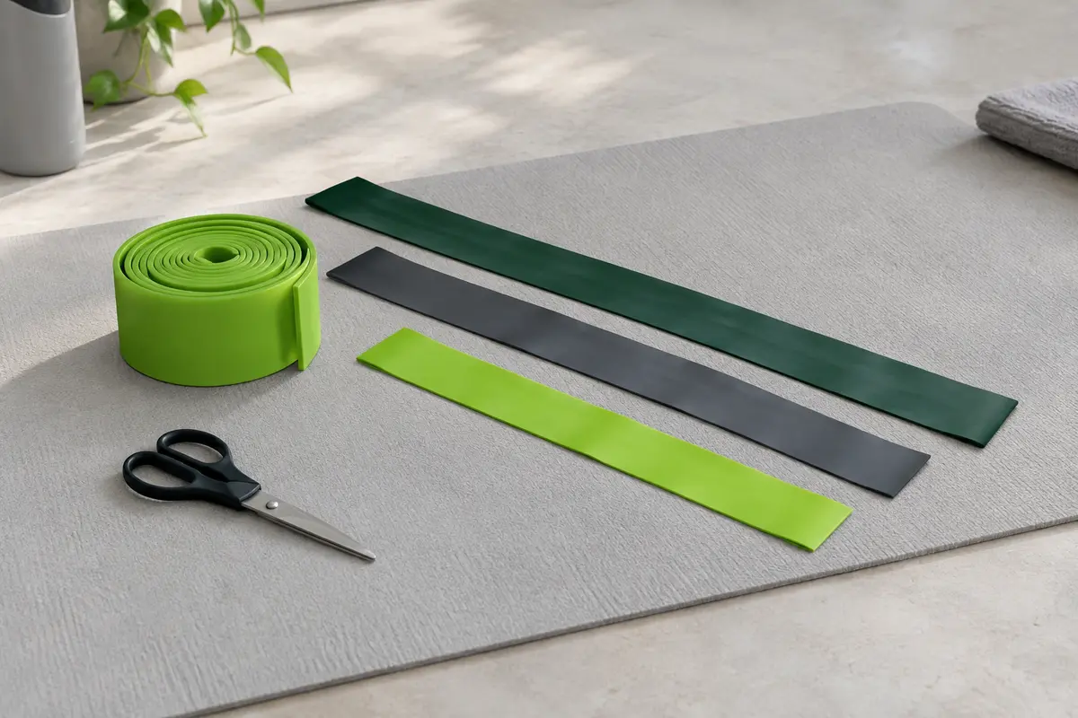 Rouleau de bande plate vert acide à côté de trois longs rubans plats prédécoupés de longueurs différentes, étendus sur un tapis gris clair.
