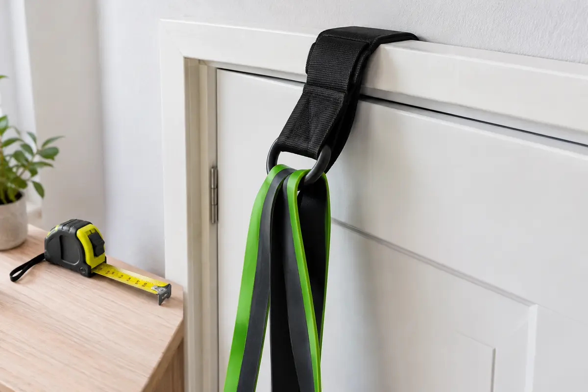 Ancrage de porte et mètre ruban près d’une porte fermée, avant vérification de compatibilité