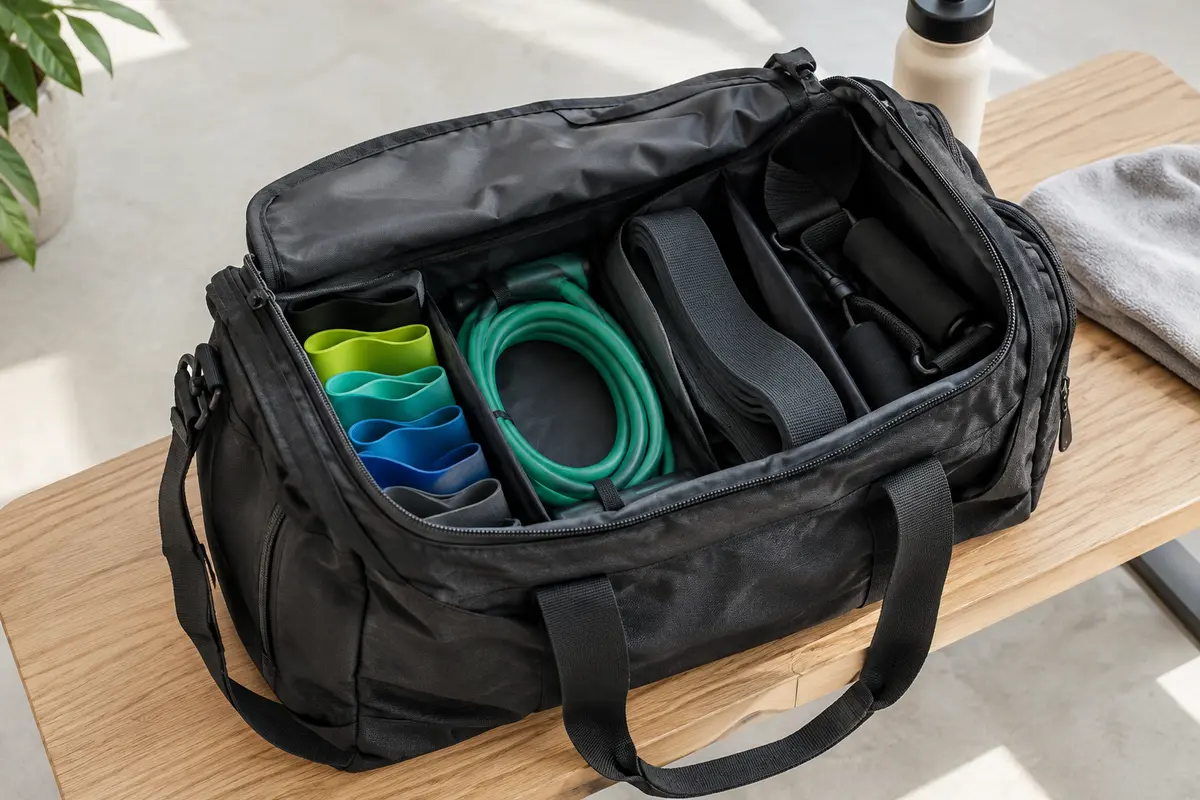 Sac de sport ouvert avec bandes de résistance rangées à plat et accessoires séparés dans des pochettes