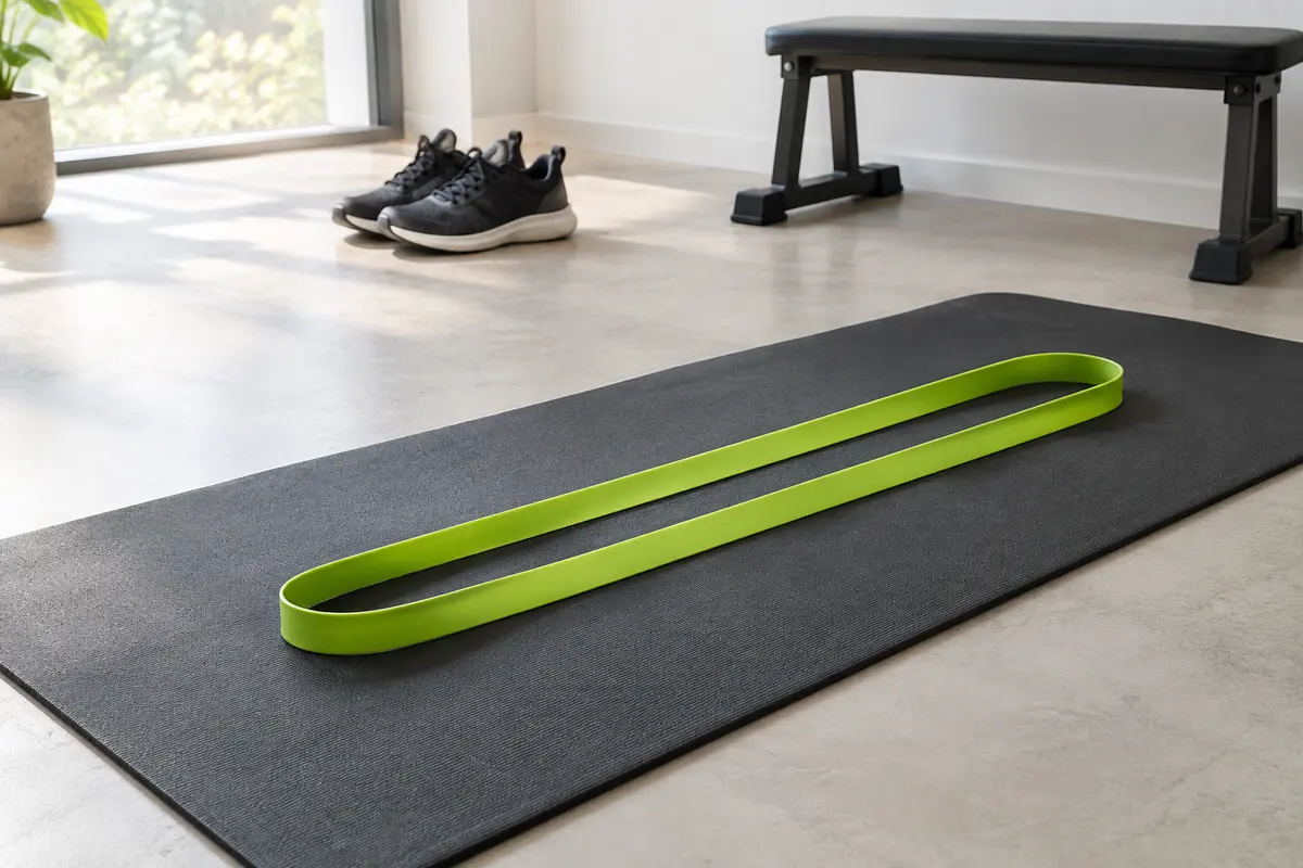 Longue bande de résistance en boucle vert acide étendue à plat sur un tapis noir, avec des chaussures de sport et un banc en arrière-plan.