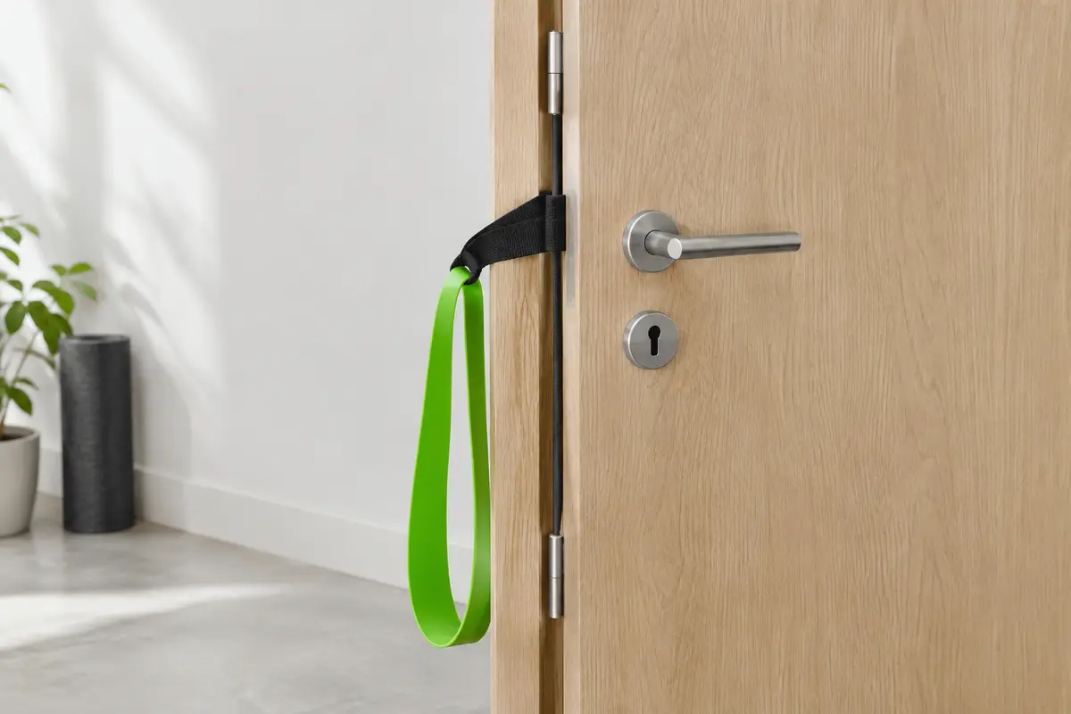 Porte fermée vue côté charnières, avec la sangle d’un ancrage passant dans l’interstice et une bande de résistance vert acide attachée sans tension.