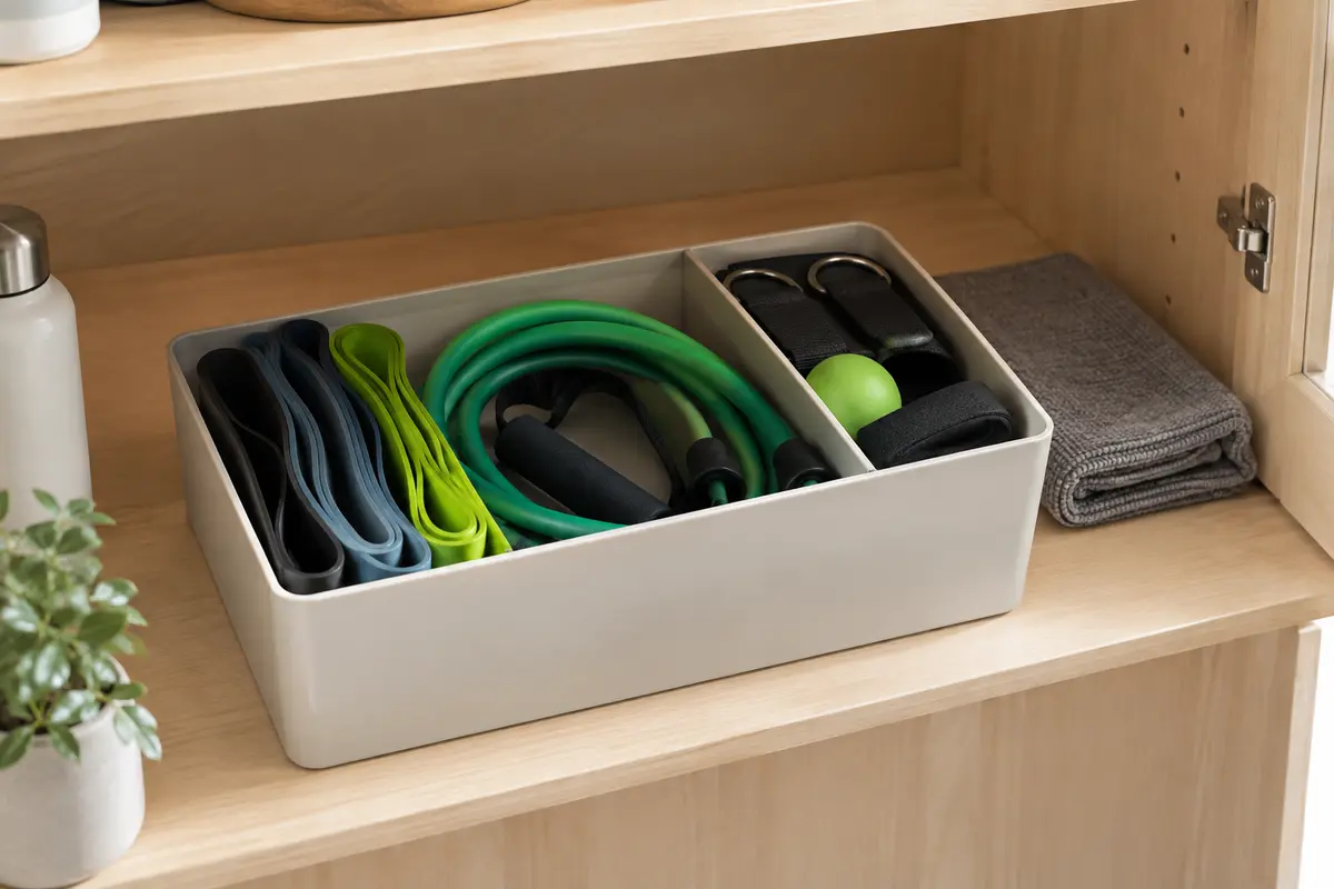 Bandes de résistance rangées sans tension dans une boîte, à l’abri du soleil et des objets coupants