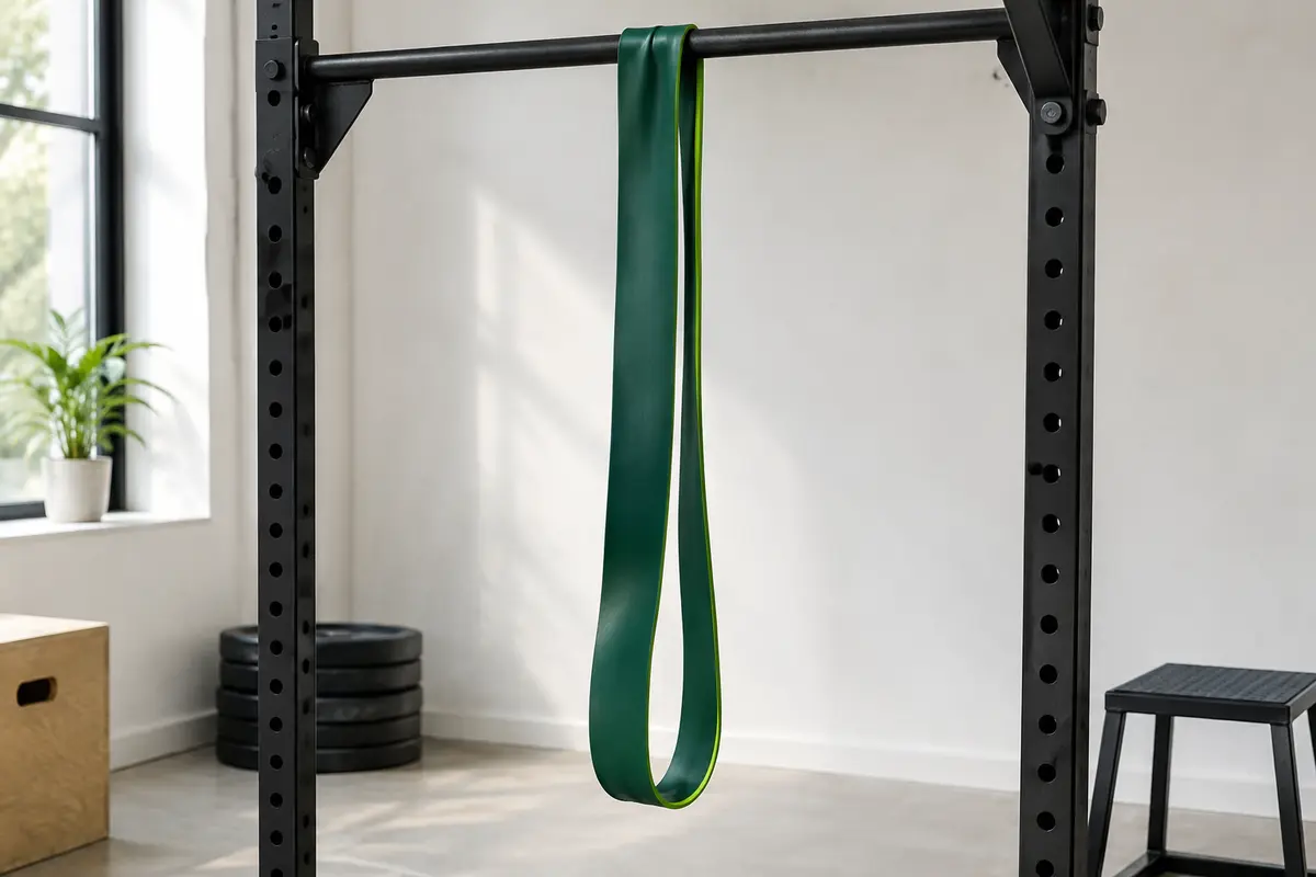 Bande longue en boucle installée sur une barre de traction pour un exercice assisté