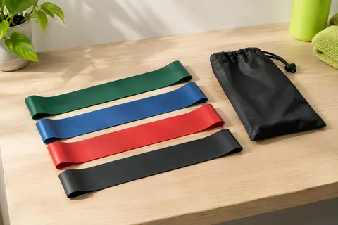Quatre mini-bandes Amonax de couleurs différentes avec leur sac de rangement, posées sur une surface claire