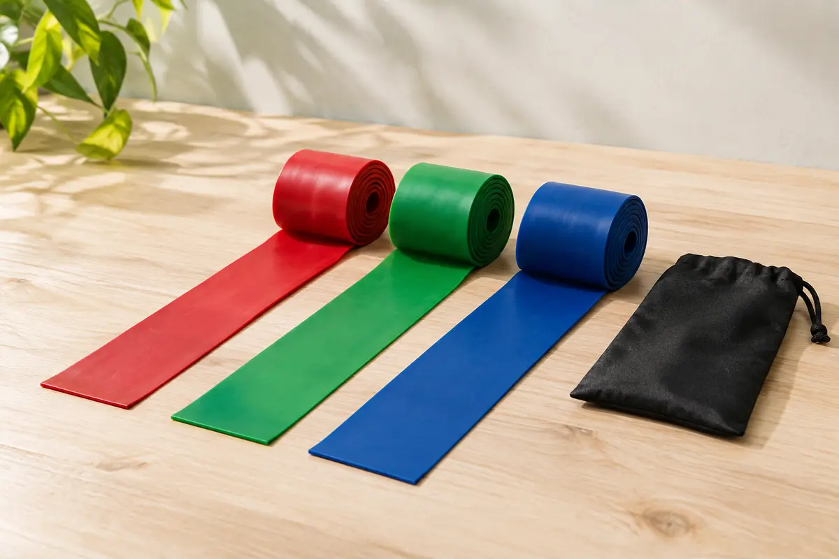 Trois bandes plates rouge, verte et bleue roulées côte à côte, leur extrémité libre déroulée à plat, près d’un petit sac noir.