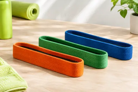 Trois mini-bandes Blackroll en textile orange, verte et bleue posées sur une surface en bois clair.