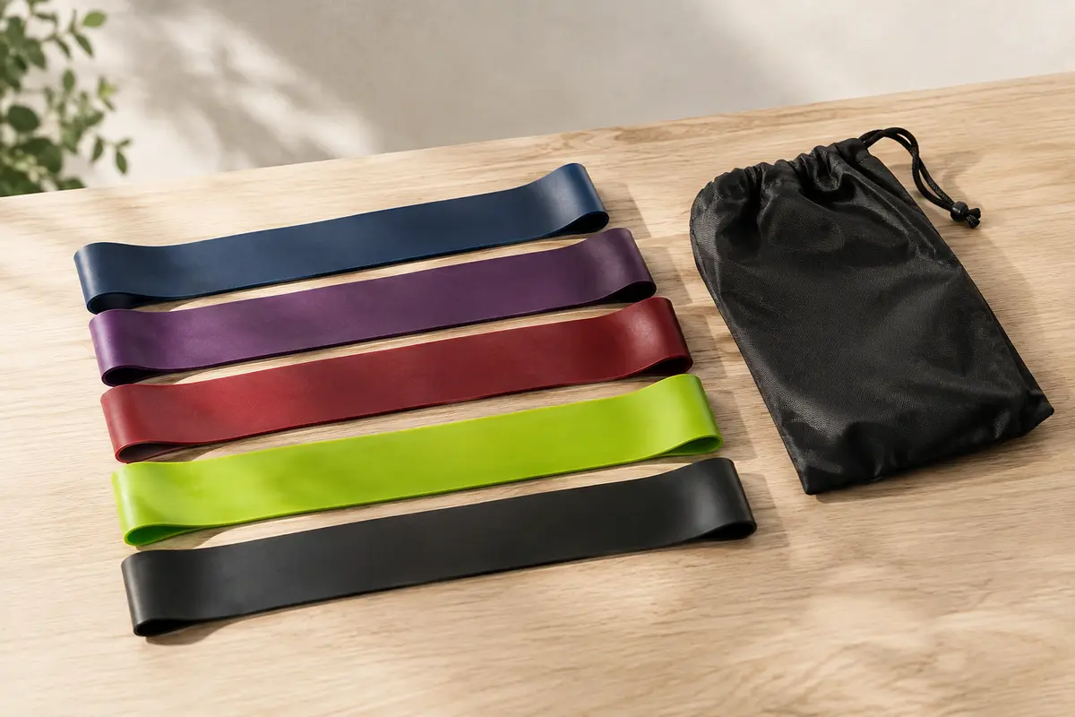Cinq mini-bandes de résistance multicolores en boucle avec leur sac de transport, posées sur du bois clair.