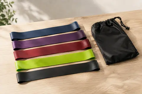Cinq mini-bandes de résistance multicolores en boucle avec leur sac de transport, posées sur du bois clair.