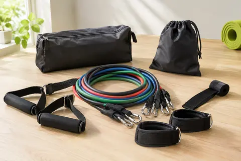 Kit de tubes de résistance avec poignées, sangles de cheville, ancre de porte et sac sur fond clair