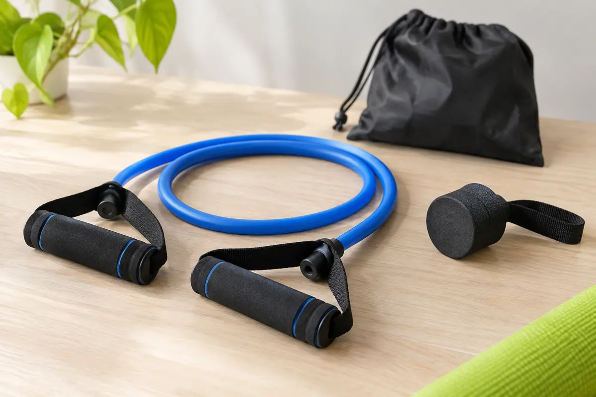 Tube de résistance bleu avec poignées en mousse, ancrage de porte et sac de rangement sur fond clair