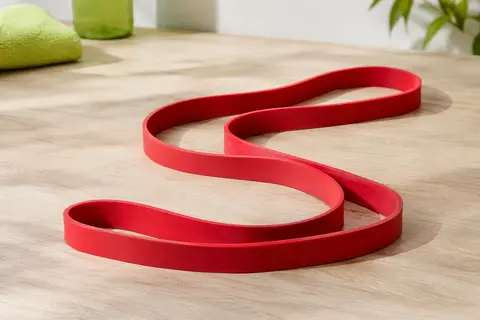 Bande de résistance rouge longue en boucle, posée sur une surface claire dans un décor épuré.