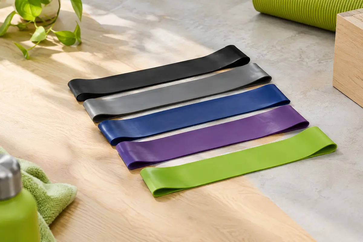 Cinq mini-bandes de résistance Coresteady en boucle, disposées sur une surface claire d’entraînement
