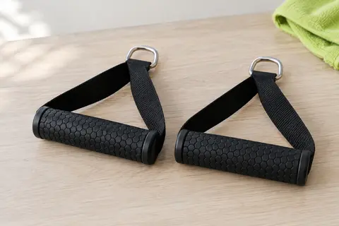 Paire de poignées de résistance noires à motif hexagonal, avec sangles en nylon et anneaux en D libres, posées seules sur un plan en bois clair.