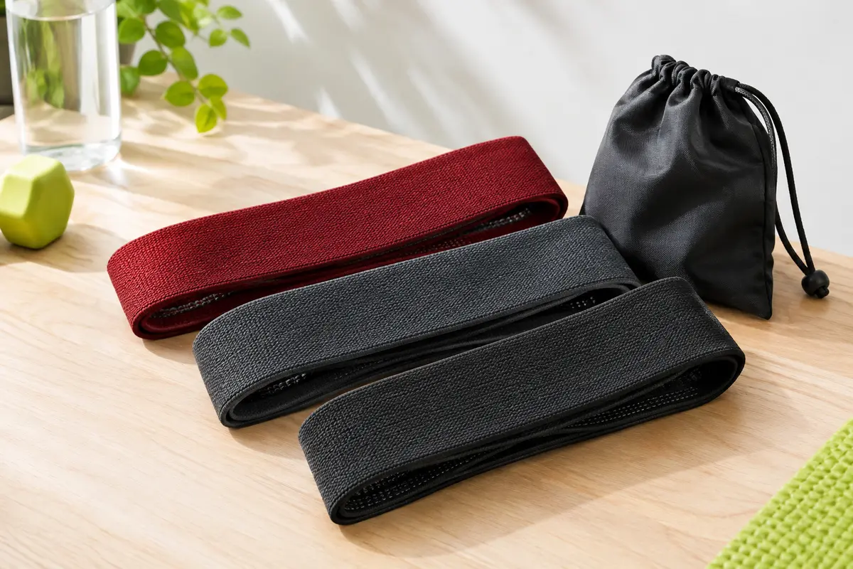 Trois mini-bandes de résistance en tissu rouge et charbon posées sur une surface claire avec leur sac de transport.