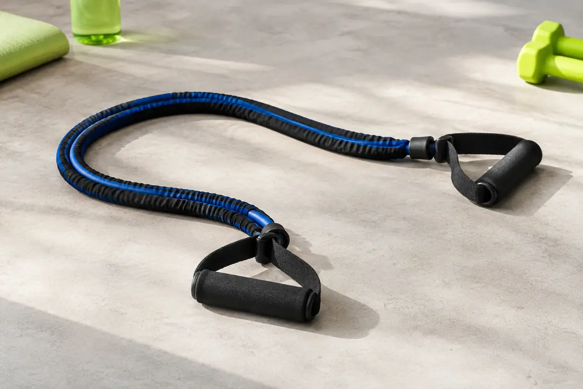 Tube de résistance Fitness Mad bleu foncé et noir avec poignées en mousse, posé sur un fond clair.