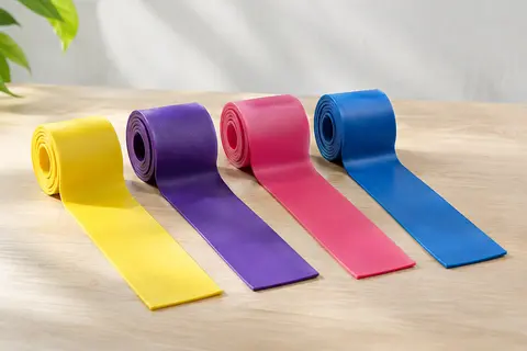 Quatre bandes plates en TPE jaune, violette, rose et bleue roulées côte à côte, leur extrémité libre déroulée à plat sur un bois clair.