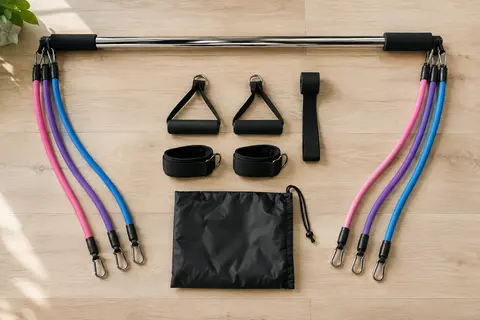 Barre de Pilates en acier posée à plat, six élastiques roses, mauves et bleus, trois accrochés à chaque extrémité, avec poignées, sangles de cheville, ancrage et sac.