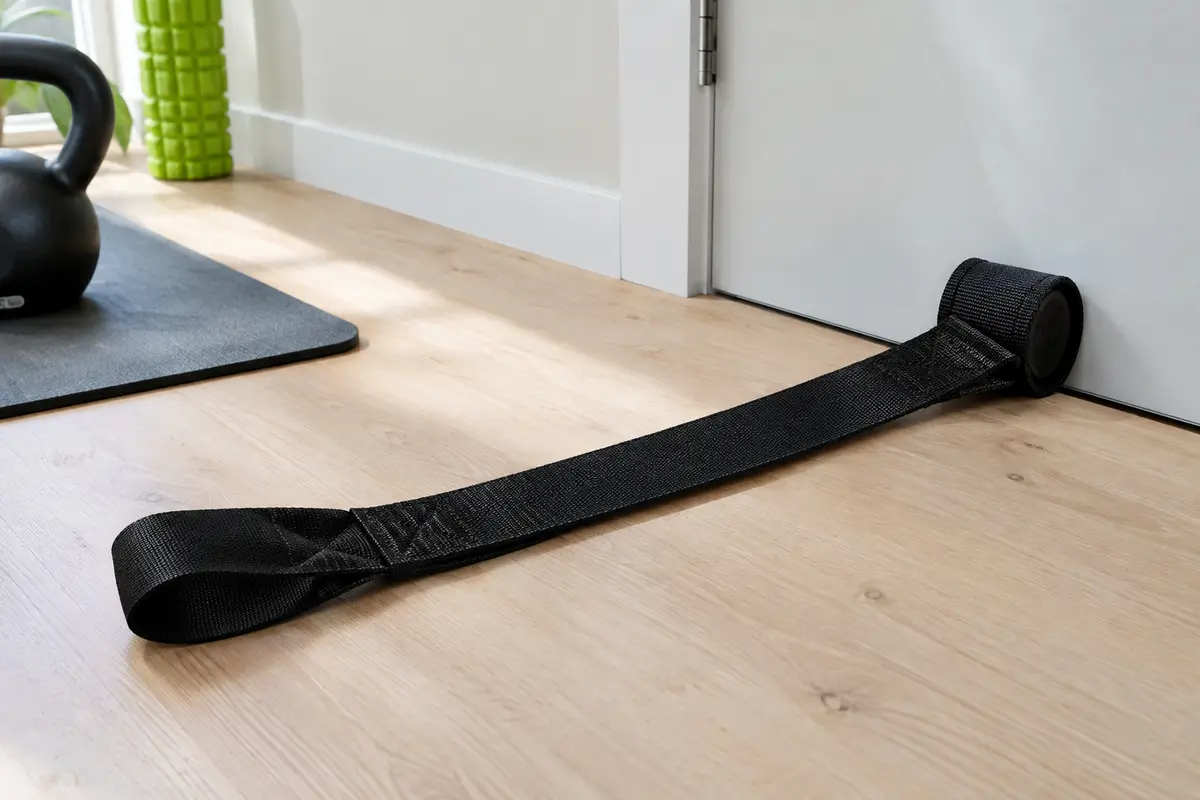 Ancre de porte Gornation en nylon noir posée sur une surface claire près d’une porte.