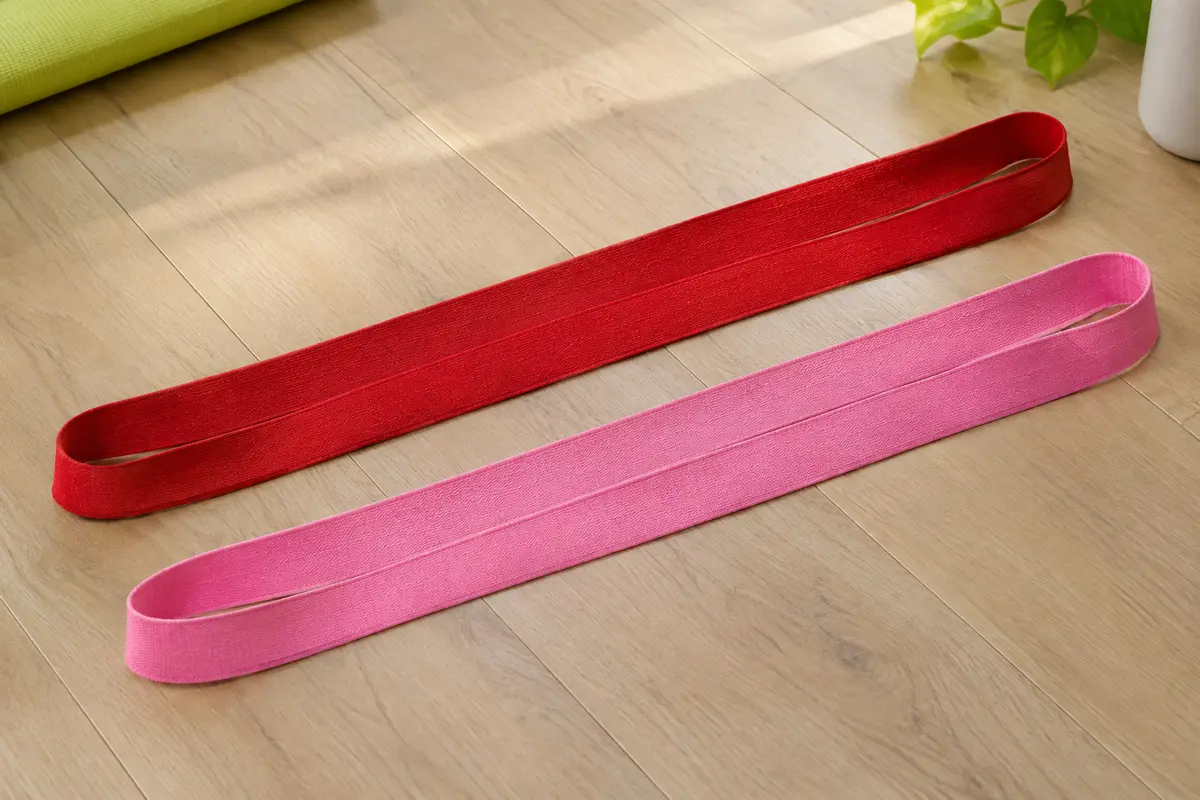 Deux longues bandes de résistance en tissu, rouge et rose, étendues côte à côte sur un parquet clair.