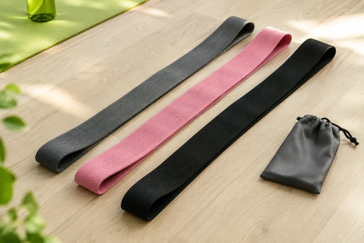 Trois longues bandes en tissu grise, rose et noire, posées à plat en ellipses parallèles sur un parquet clair, un petit sac au bout.