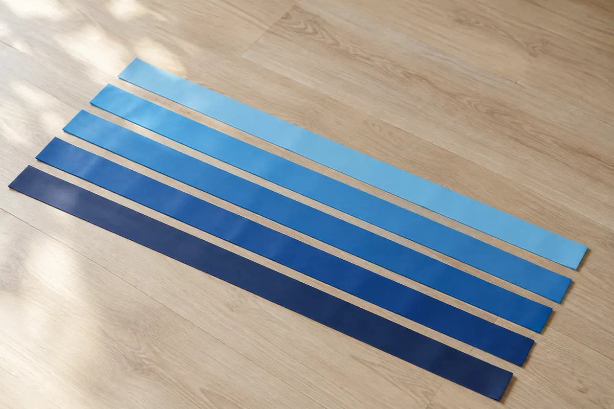 Cinq longues bandes de résistance plates et ouvertes, en dégradé de bleu du plus clair au plus foncé, étendues côte à côte sur un parquet clair.