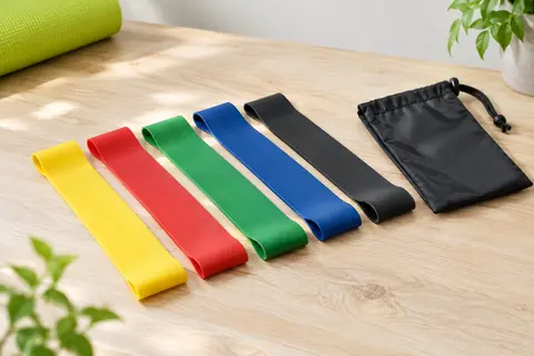 Cinq mini-bandes de résistance en latex colorées avec leur sac de transport, posées sur un fond clair.