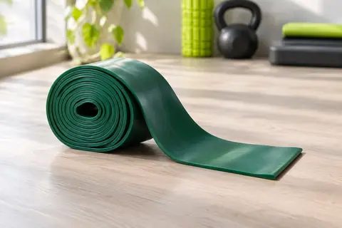 Rouleau vert de bande de résistance plate posé sur une surface claire avec une extrémité déroulée