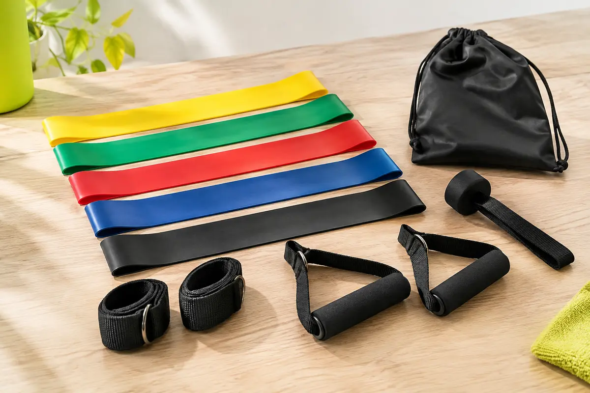 Kit Portentum avec cinq bandes de résistance colorées, poignées, chevilles, ancrage de porte et sac de transport.
