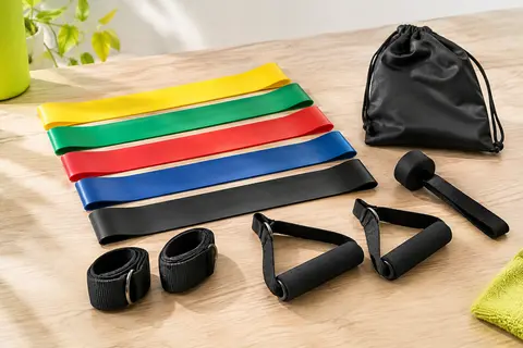 Kit Portentum avec cinq bandes de résistance colorées, poignées, chevilles, ancrage de porte et sac de transport.