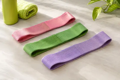 Trois mini-bandes de résistance en boucle, rose, verte et lilas, posées sur un fond clair