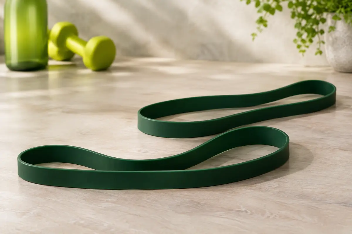 Bande longue de résistance verte en boucle posée sur une surface claire dans un décor d’entraînement épuré