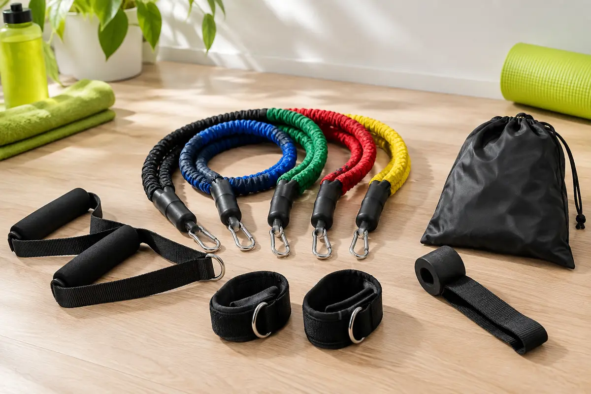 Kit de tubes de résistance avec cinq bandes, poignées, sangles de cheville et ancrage sur fond clair.