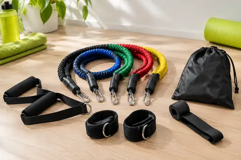 Kit de tubes de résistance avec cinq bandes, poignées, sangles de cheville et ancrage sur fond clair.