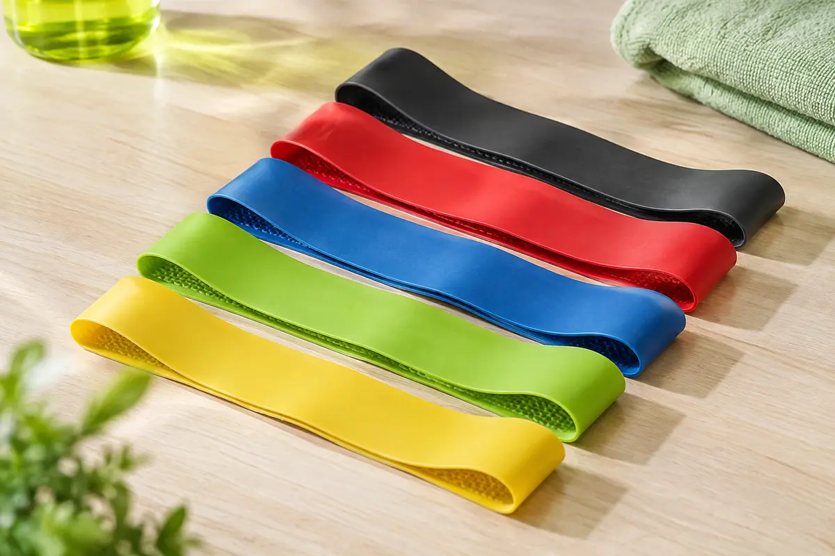 Lot de cinq mini-bandes de résistance Proiron en latex, dont une bande jaune, avec sac de transport