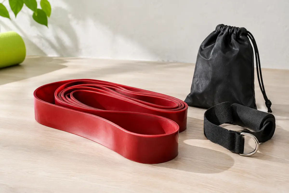 Bande de résistance rouge en boucle avec ancrage de porte et sac de transport sur fond clair