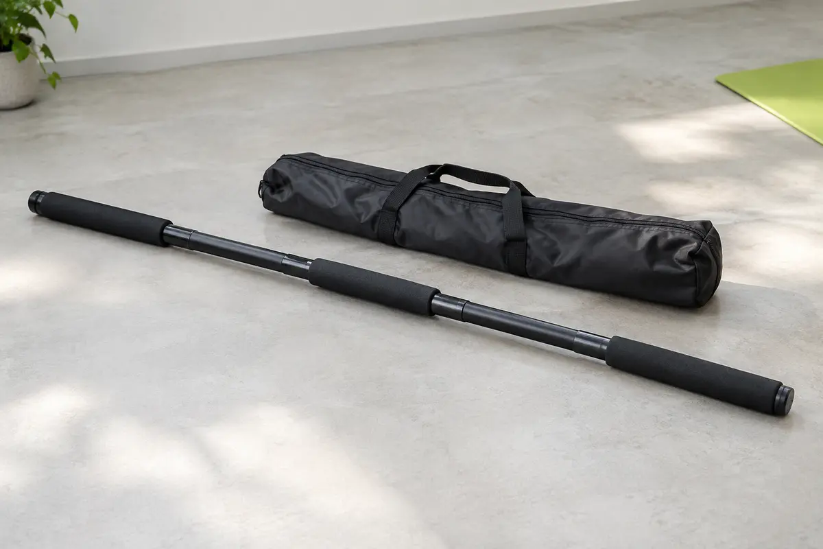 Barre Qwork démontable en trois sections avec revêtement en mousse et sac de transport sur fond clair