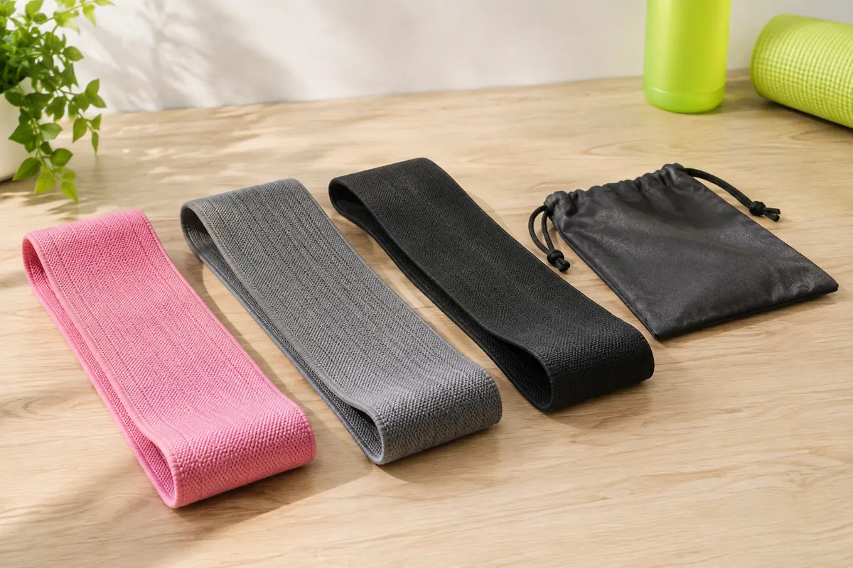 Trois mini-bandes Revity en tissu rose, gris et noir posées avec leur pochette sur une surface claire.