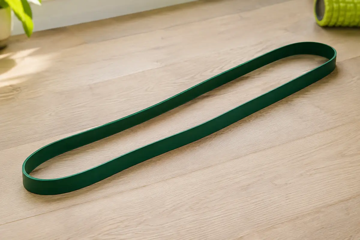 Longue bande élastique verte en boucle, étendue sur toute sa longueur sur un parquet clair.