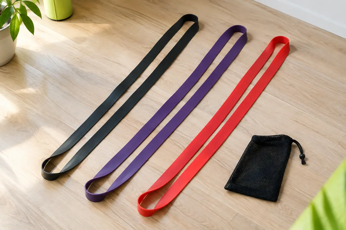 Trois longues bandes élastiques en boucle, noire, violette et rouge, étendues côte à côte près de leur sac en maille.