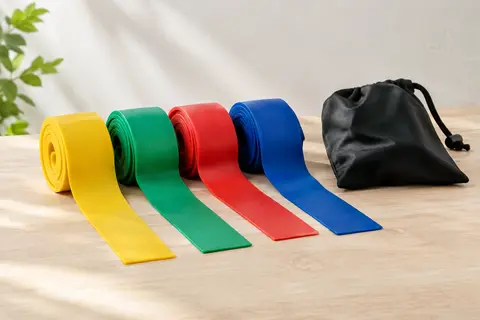 Quatre bandes plates jaune, verte, rouge et bleue roulées côte à côte, leur extrémité libre déroulée à plat, près d’un sac noir.
