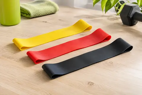 Trois mini-bandes de résistance SKLZ jaune, rouge et noire posées sur un fond clair.