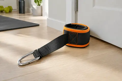 Ancrage de porte Slim Panda noir et orange avec sangle rembourrée et mousqueton sur une surface claire.