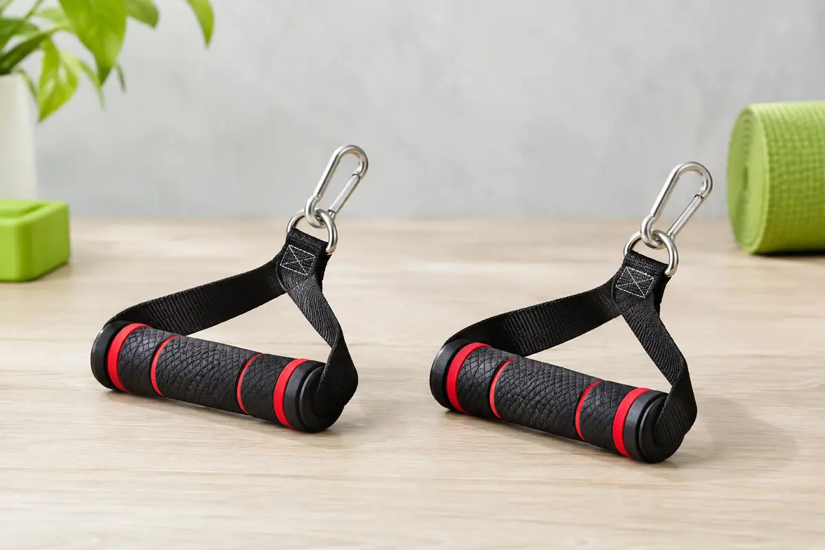 Paire de poignées en caoutchouc noir à accents rouges, avec sangles cousues et mousquetons métalliques, posées sur un bois clair.