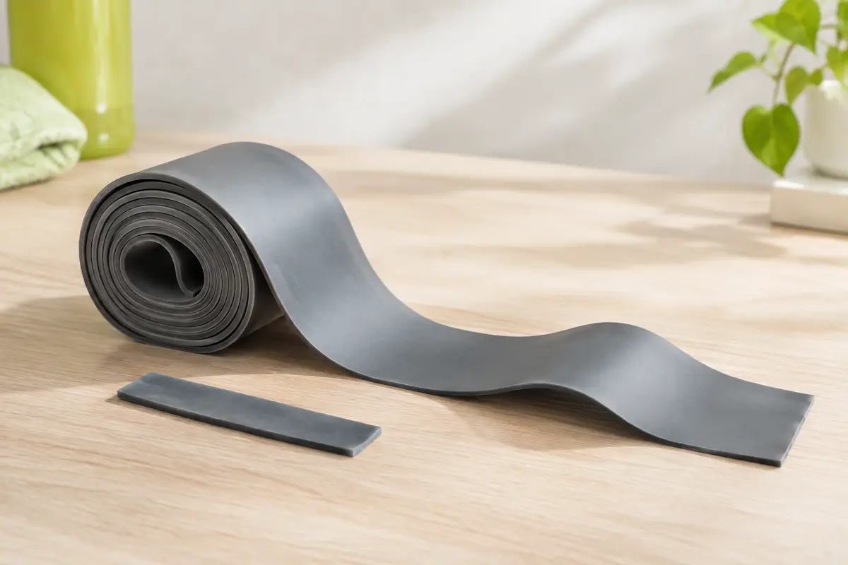 Rouleau gris de bande de résistance plate en TPE déroulé sur une surface en bois clair