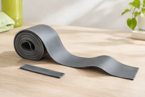 Rouleau gris de bande de résistance plate en TPE déroulé sur une surface en bois clair