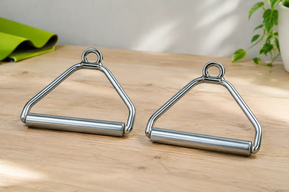 Deux poignées pour élastique en acier argenté, à cadre triangulaire et barre de préhension droite, posées sur un bois clair.